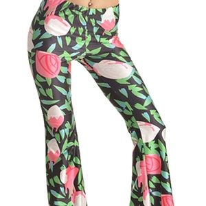 Pink Queen Flared Bell Bottom Pants Floral Print Size M EUC